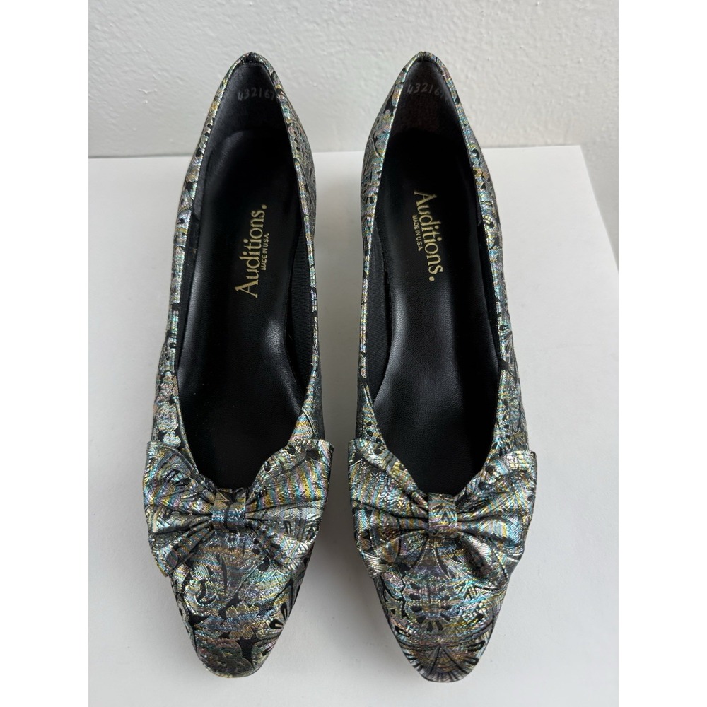 Vintage Auditions USA Metallic Brocade Bow Pumps Kitten Heel Womens Shoes Size 8